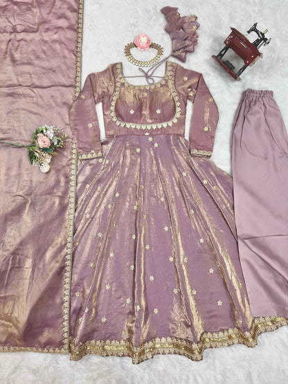 Shiny Rosy Pink Cording Sequins Embroidery Work Designer Gown With Dupatta