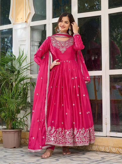 Beautiful Pink Sequins Embroidery Work Silk Gown And Dupatta