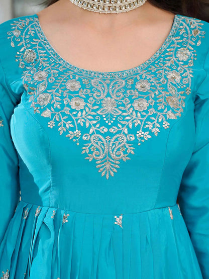 Bondi Blue Sequins Embroidery Work Silk Gown And Dupatta