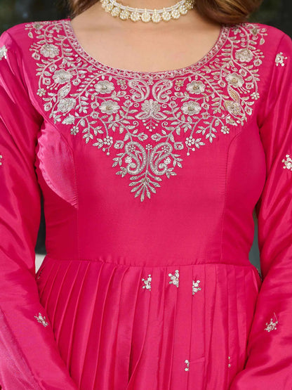 Beautiful Pink Sequins Embroidery Work Silk Gown And Dupatta