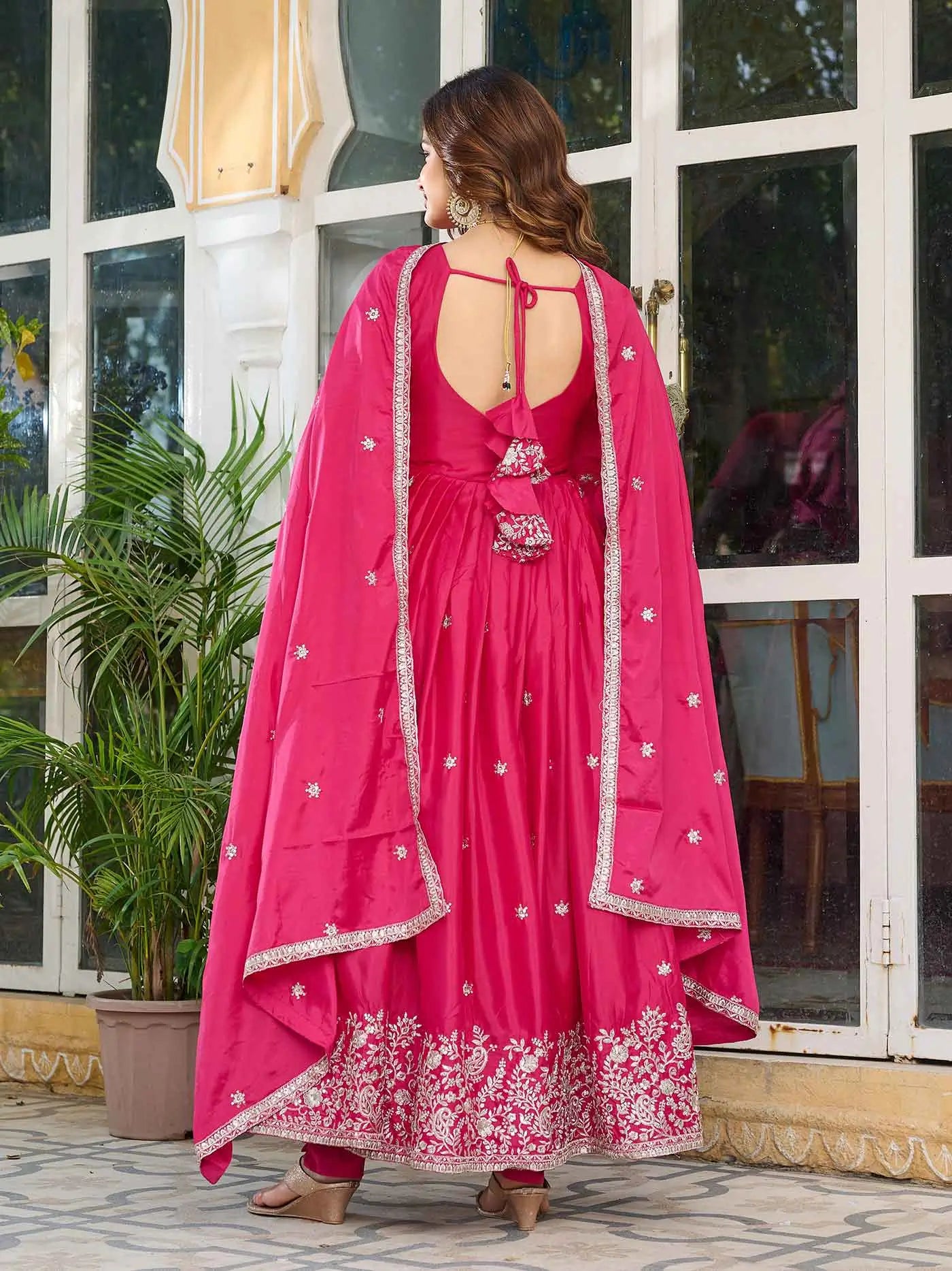 Beautiful Pink Sequins Embroidery Work Silk Gown And Dupatta