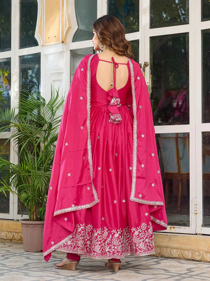 Beautiful Pink Sequins Embroidery Work Silk Gown And Dupatta
