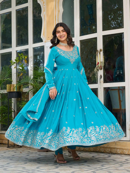 Bondi Blue Sequins Embroidery Work Silk Gown And Dupatta