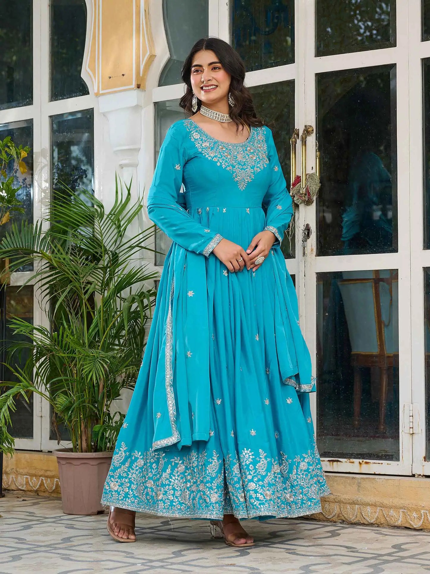 Bondi Blue Sequins Embroidery Work Silk Gown And Dupatta