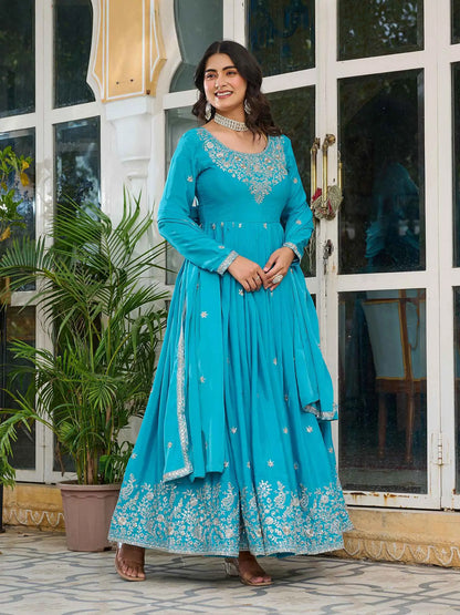 Bondi Blue Sequins Embroidery Work Silk Gown And Dupatta