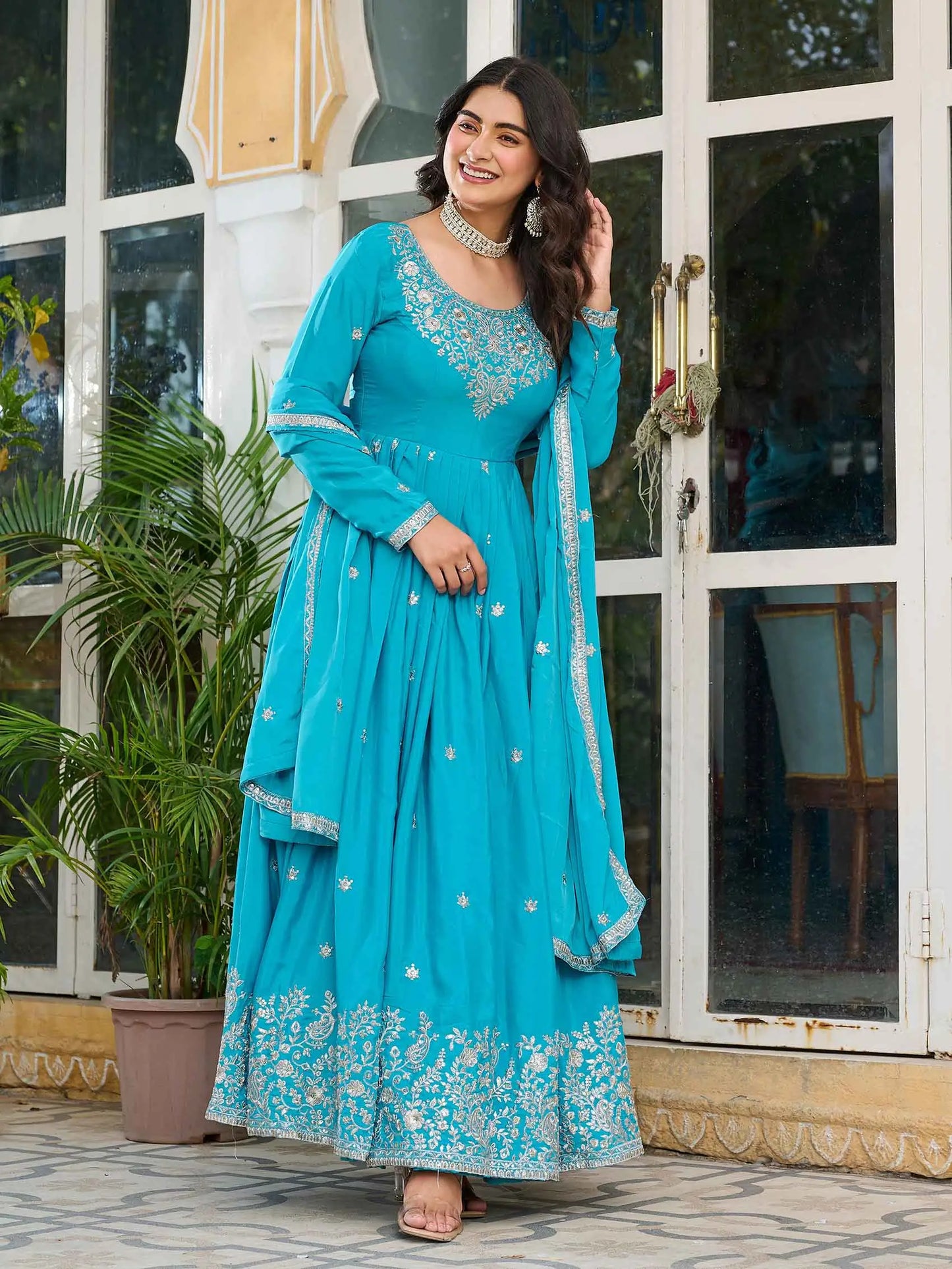 Bondi Blue Sequins Embroidery Work Silk Gown And Dupatta