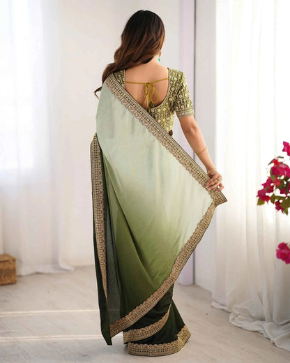 Light And Dark Green Sequins Embroidery Work Saree