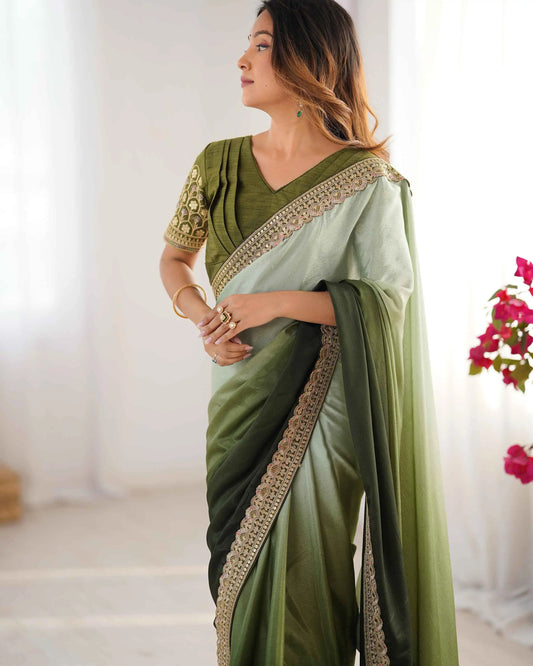 Light And Dark Green Sequins Embroidery Work Saree