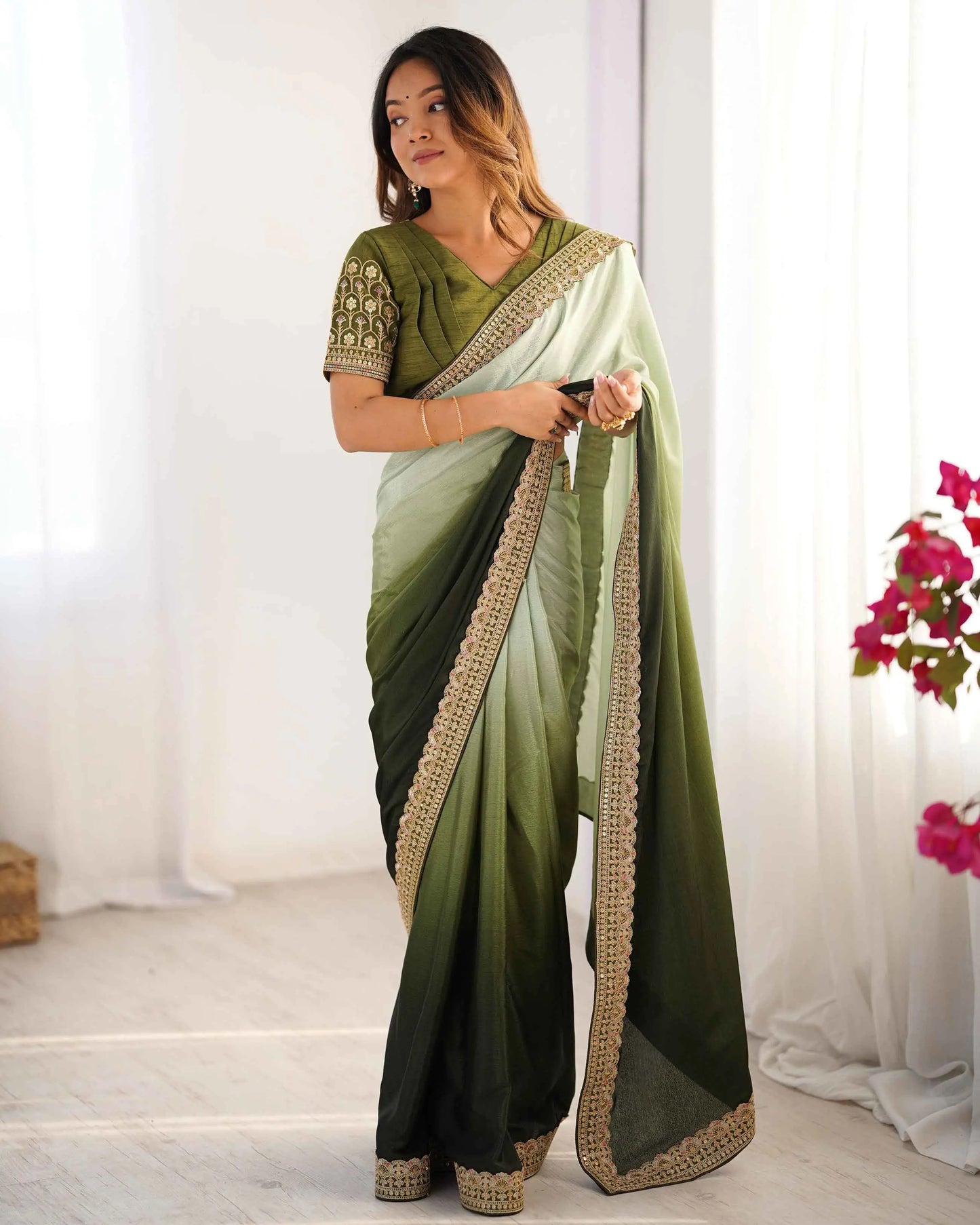 Light And Dark Green Sequins Embroidery Work Saree