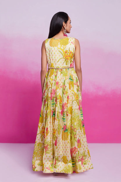 Lime Yellow Printed Organza Gown With Handwork