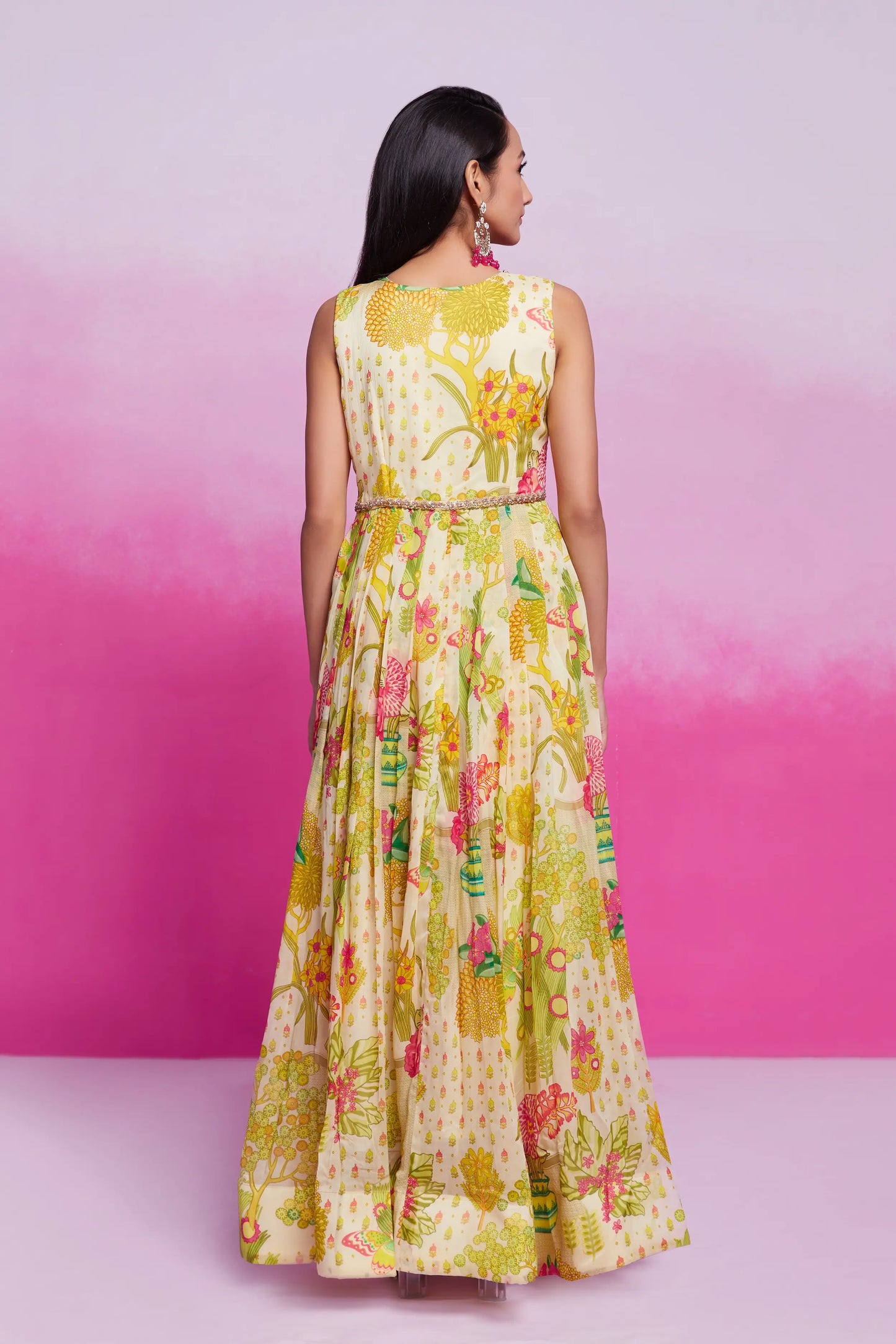 Lime Yellow Printed Organza Gown With Handwork