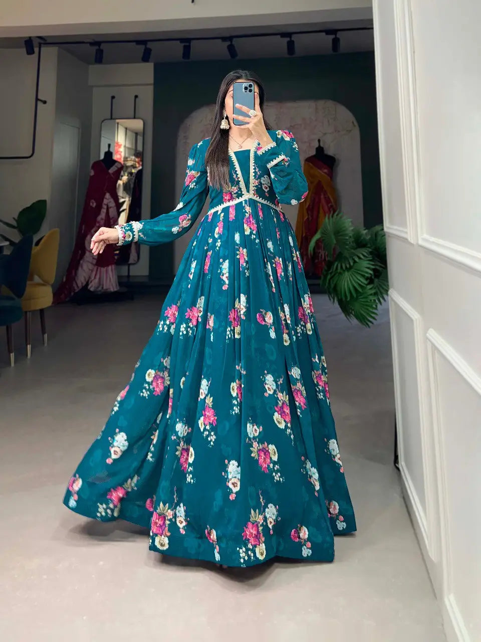 Dark Teal Blue Floral Print Georgette Gown