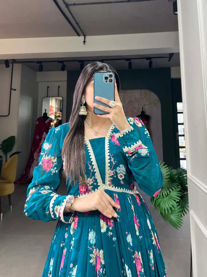 Dark Teal Blue Floral Print Georgette Gown